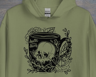 Print on Demand Death Before Decaf Unisex Hoodie, Coffee Addict, Always Tired