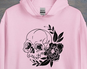 Print on Demand Floral Skull Unisex Hoodie, Spooky Apparel, Punk Aesthetic,  S–5X