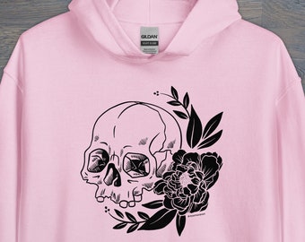 Floral Skull Unisex Hoodie, Spooky Apparel, Punk Aesthetic,  S–5X