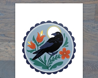 Crow Distelfink Hex Digital Print, Heavyweight Matte Photo Paper, Folk Art Inspired, PA Dutch, Fraktur, Crow Art