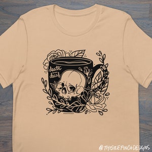 Print on Demand Death Before Decaf Skull Unisex Tee, Tattoo Inspired T-Shirt, Floral Skull,  XS–4X