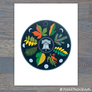 May include: A circular design featuring a Liberty Bell surrounded by stylized leaves representing different tree species, including walnut, mulberry, cedar, locust, spruce, sassafras, chestnut, and more. The design is set against a dark blue background with white crescent moons.