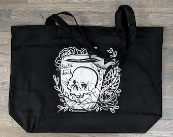 XL Tote Bag, Death Before Decaf, Large Organic Cotton Black Tote, Skull Print