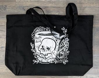 Print on Demand XL Tote Bag, Death Before Decaf, Large Organic Cotton Black Tote, Skull Print