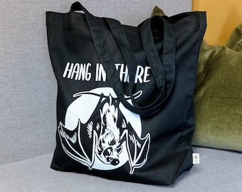 Hang in There Tote, Heavyweight, Re-Usable Cotton Tote Bag, Bat Design, Spooky Tote