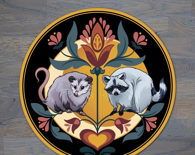 Featured listing image: Raccoon & Opossum Hex Sign, Metal Wall Art, Pennsylvania Folkart Design, Aluminum Print