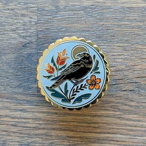 Crow Distelfink Hex Sign, Gold Hard Enamel Pin, Available with Standard or Locking Pin Back