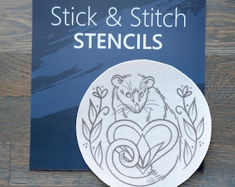 NEW! Stick and Stitch Embroidery Stencil, 5" Opossum Hoop, Rinse-Away, DIY Embroidery