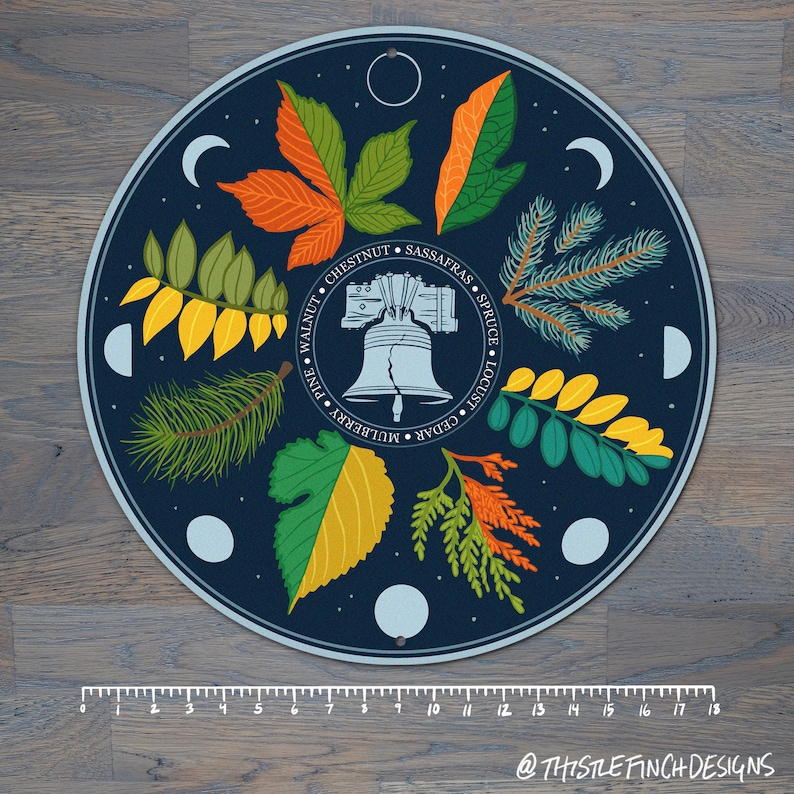 Puede incluir: Un fondo azul circular con una Campana de la Libertad en el centro. La campana est&aacute; rodeada de hojas estilizadas de diferentes &aacute;rboles, incluyendo pino, nogal, casta&ntilde;o, sassafras, abeto, acacia, cedro y morera. Las hojas est&aacute;n dispuestas en un c&iacute;rculo alrededor de la campana, con los nombres de los &aacute;rboles escritos alrededor del exterior del c&iacute;rculo. El fondo est&aacute; decorado con lunas crecientes.