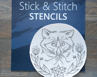 NEW! Stick and Stitch Embroidery Stencil, 5" Raccoon Hoop, Rinse-Away, DIY Embroidery