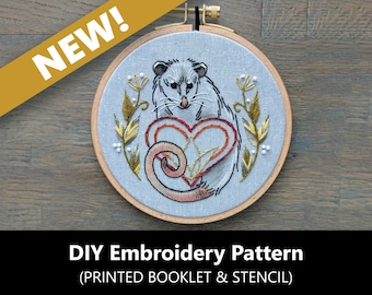 Folk Art Opossum Pattern, DIY Stitch Guide, Embroidery Stencil How-To