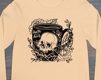 Death Before Decaf Skull Unisex Long Sleeve Tee, Tattoo Inspired, Floral Skull, XS–2X