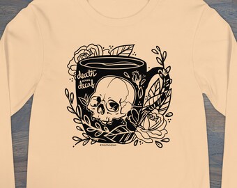 Print on Demand Death Before Decaf Skull Unisex Long Sleeve Tee, Tattoo Inspired, Floral Skull, XS–2X