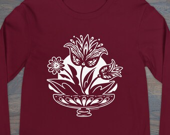 Print on Demand Fraktur Tulips, Unisex Long Sleeve Tee, PA Dutch Folk Art Apparel, XS–2X