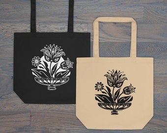 Print on Demand Fraktur Tulips, Folk Art Inspired Heavyweight Cotton Tote Bag, PA Dutch, Floral, Eco Tote Bag, Organic Cotton Bag