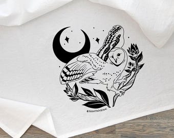 Barn Owl Distelfink, Printed Tea Towel, Dish Towel Design, Crow Print, Kitchen Decor, Punk Decor