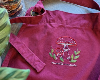 Amanita Muscaria, Hand Embroidered Apron, One Size, Unisex Cotton Apron With Pockets, Mushroom Embroidery
