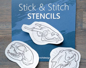 NEW! Stick and Stitch Embroidery Stencil Pack, Assorted Animal Skulls, DIY Embroidery