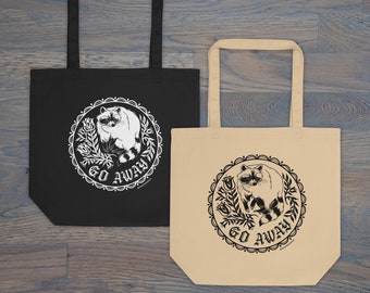 Print on Demand Go Away Raccoon, Organic Cotton Tote Bag, Folk Art Inspired, Hex Sign, Trash Panda, Heavyweight Cotton Tote