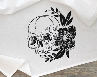 Floral Skull, Printed Tea Towel, Dish Towel Design, Kitchen Decor, Skull Design, Punk Decor