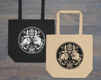 Print on Demand Raccoon and Opossum Hex Sign, Organic Cotton Tote, Trash Friends, Raccoon and Opossum Bag, Heavyweight Cotton