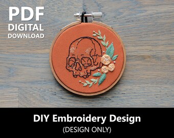 Skull with Florals, Digital Download, Embroidery Design, DIY Stencil, PDF Download Only