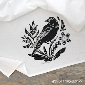Crow Distelfink, Printed Tea Towel, Dish Towel Design, Crow Print, Kitchen Decor, Punk Decor