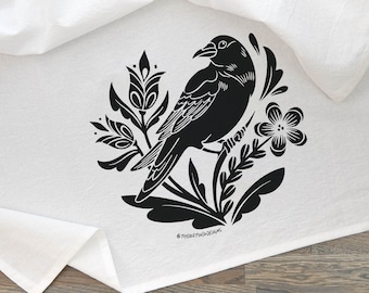 Crow Distelfink, Printed Tea Towel, Dish Towel Design, Crow Print, Kitchen Decor, Punk Decor