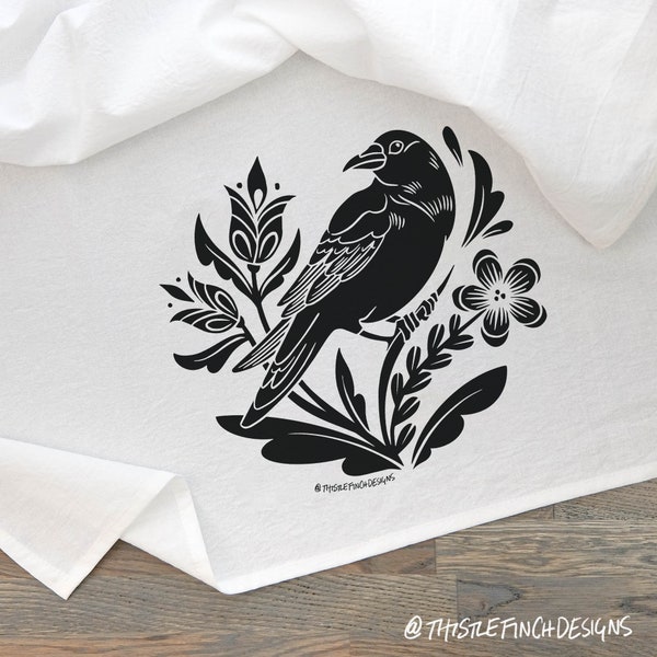 Crow Distelfink, Printed Tea Towel, Dish Towel Design, Crow Print, Kitchen Decor, Punk Decor