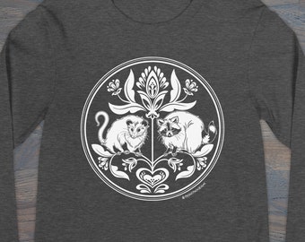 Print on Demand Raccoon & Opossum Hex Sign, Unisex Long Sleeve Tee, PA Dutch, Folk Art Inspired Apparel, XS–2X