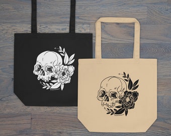 Print on Demand Floral Skull, Heavyweight Cotton Tote Bag, Tattoo Style, Punk Rock, Organic Cotton, Eco Tote Bag