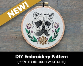 Folk Art Raccoon Pattern, DIY Stitch Guide, Embroidery Stencil How-To