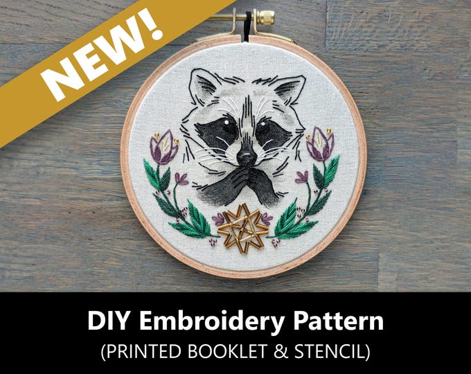 Featured listing image: Folk Art Raccoon Pattern, DIY Stitch Guide, Embroidery Stencil How-To