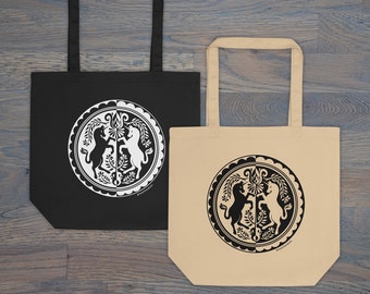 Print on Demand Dueling Unicorns, PA Dutch, Heavyweight Cotton Tote Bag, Folk Art Inspired, Organic Cotton, Eco Tote Bag