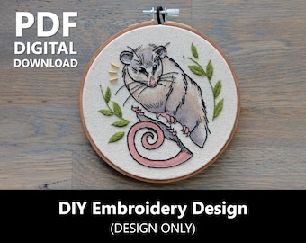 Opossum Design, Digital Download, Embroidery Design, DIY Stencil, PDF Download Only