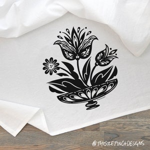 Fraktur Tulips, Printed Tea Towel, Dish Towel Design, Folk Art Print, Kitchen Decor, PA Dutch, Botanical Decor