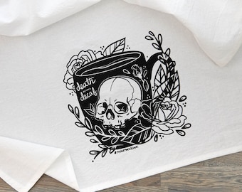 Death Before Decaf, Printed Tea Towel, Skull Print, Floral Design, Coffee Addict, Dish Towel, Kitchen Decor, Skull Design, Punk Decor