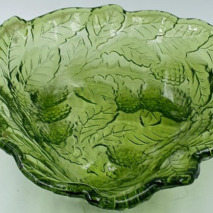 Vintage Indiana Glass Green Leaf Bowl: Embossed Loganberry Candy Dish