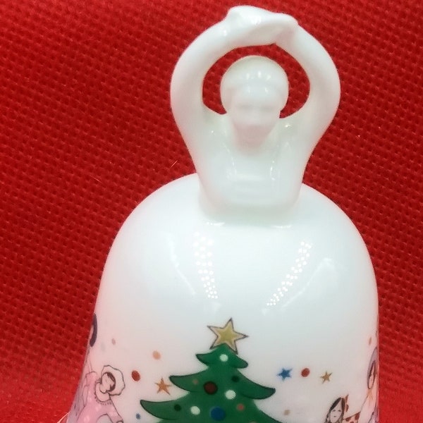 Noritake Tenth Edition Christmas Bell 1981. Nine Ladies Dancing. Bone China Japan. White. Lady head handle. Christmas Tree. Colorful Ladies.