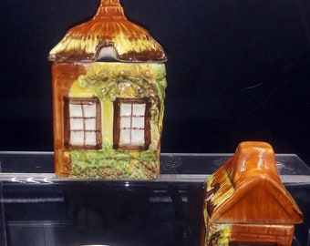 Price Kensington Cottage Ware. Three seperate  pieces: Mug/Cup, Jelly/Jam Pot & Condiment Pot. Golden Brown. House shapes. Made in England.