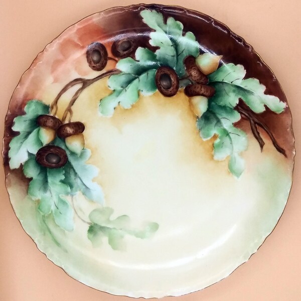 Rosenthal Bavaria Small  Porcelain Plate. Beige and Golden Colors. Dark brown and gold  acorns. Oak Tree Green Leaves. Vintage.