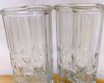 Set of 2 Tiara Exclusives, Indiana Glass, clear glass ribbed vases. Thick, heavy, etched hearts.  Top and bottom heart shaped. Vintage.