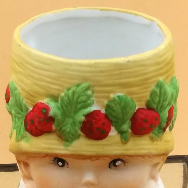Jasco Sweet Keepers Head Vase/Pot. Succulent or Pencil Holder. Young lady, gold hat, amid red strawberries. Bisque Porcelain. Vintage 1980.