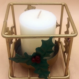 Gold Metal Holly Berry Candle Holders: Holiday Pillar Candle Decor