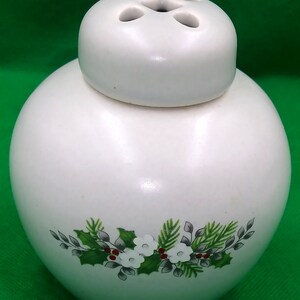 Può includere: Un vaso di fiori in ceramica bianca con corpo rotondo e coperchio con più fori. La base presenta un motivo floreale con fiori bianchi, foglie verdi e bacche rosse. Il vaso di fiori è progettato per contenere fiori.