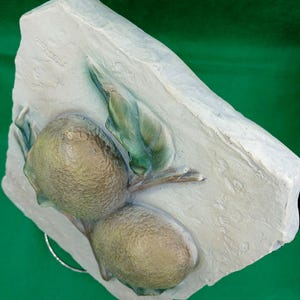 Austin Sculpture White Molded Plaster Wall Hanging. Two 3D Lemons. Brown Limb. Green Leaves. Signed by artist &quot;S. Romo&quot;.  Vintage 1997.