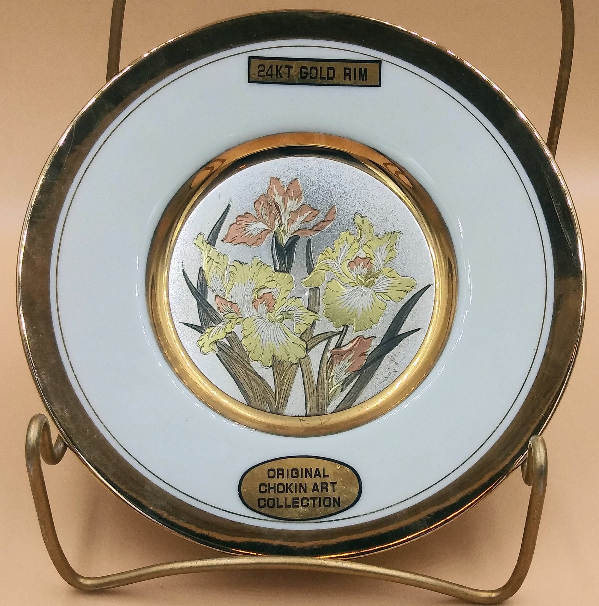 工芸品 CHOKIN ART 24KT Chokin Art 24kt Gold Edged Plate Japan Pheasants Design