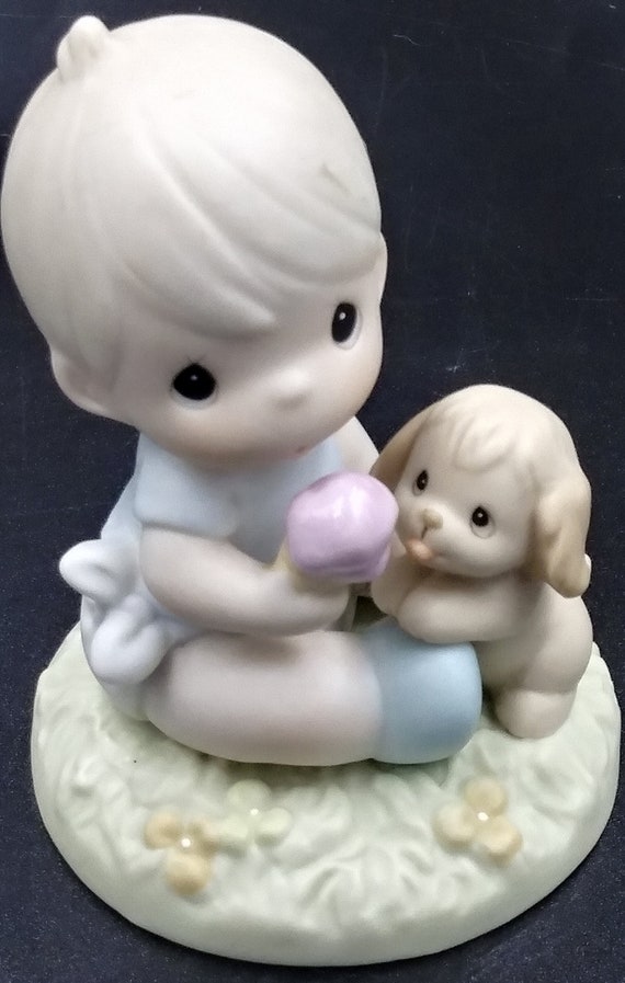 Figurine. Vintage Precious Moments Figurine: Love Is Sharing, Boy with Puppy (1996)
