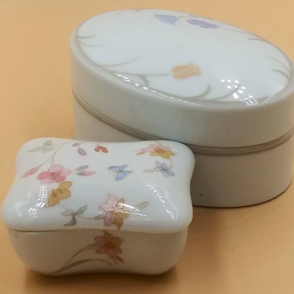 TwoTrinket/ring Boxes: Dansk Tivoli  and Elle San Francisco.  Both white with floral design. One oval/one small square. Vintage.
