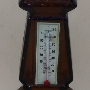 May include: A brown glass bottle with a gold eagle on top. The bottle has a thermometer on the front and a round dial on the bottom. The dial reads "Avon Wild Country After Shave 5 fl. ozs."